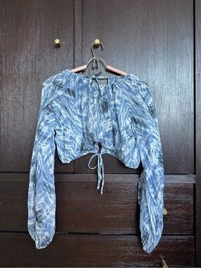 Georgia Alice Blue Patterned Tie-Front Long Sleeve Crop Top